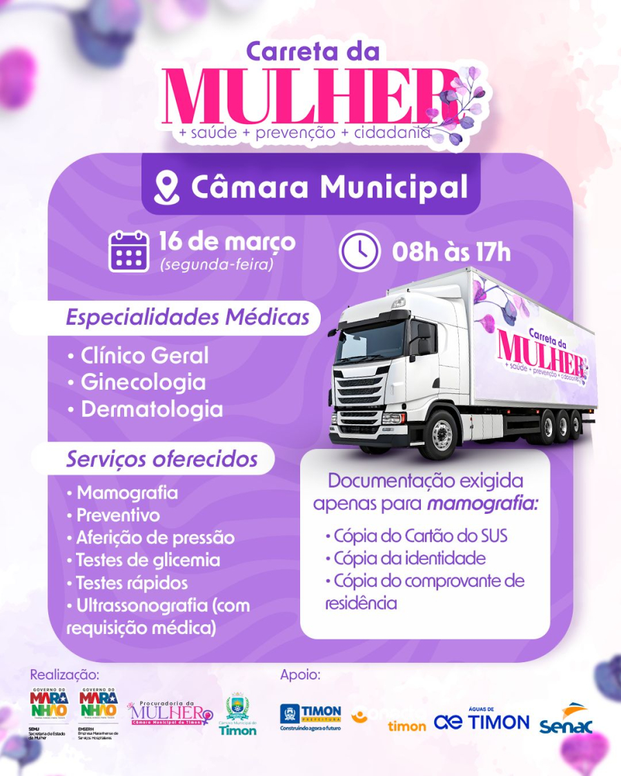 Câmara de Timon recebe Carreta da Mulher com serviços gratuitos de saúde e cidadania